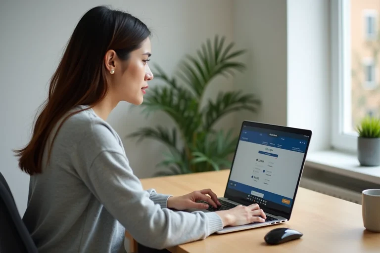 Femme accédant à la billetterie de LSU Arena Versailles sur son ordinateur portable depuis son bureau à domicile