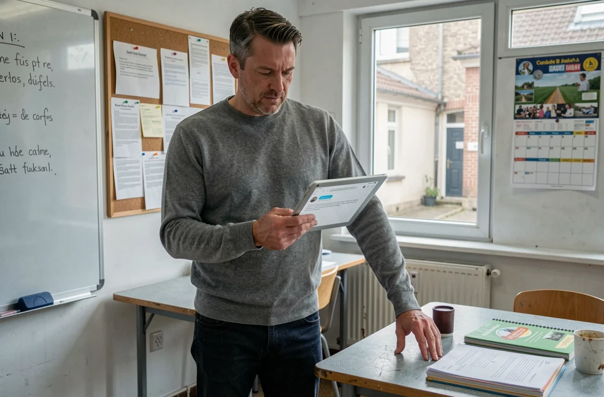 Accompagnant éducatif PIAL consultant ses messages sur tablette dans une salle des professeurs d'une école de Nancy
