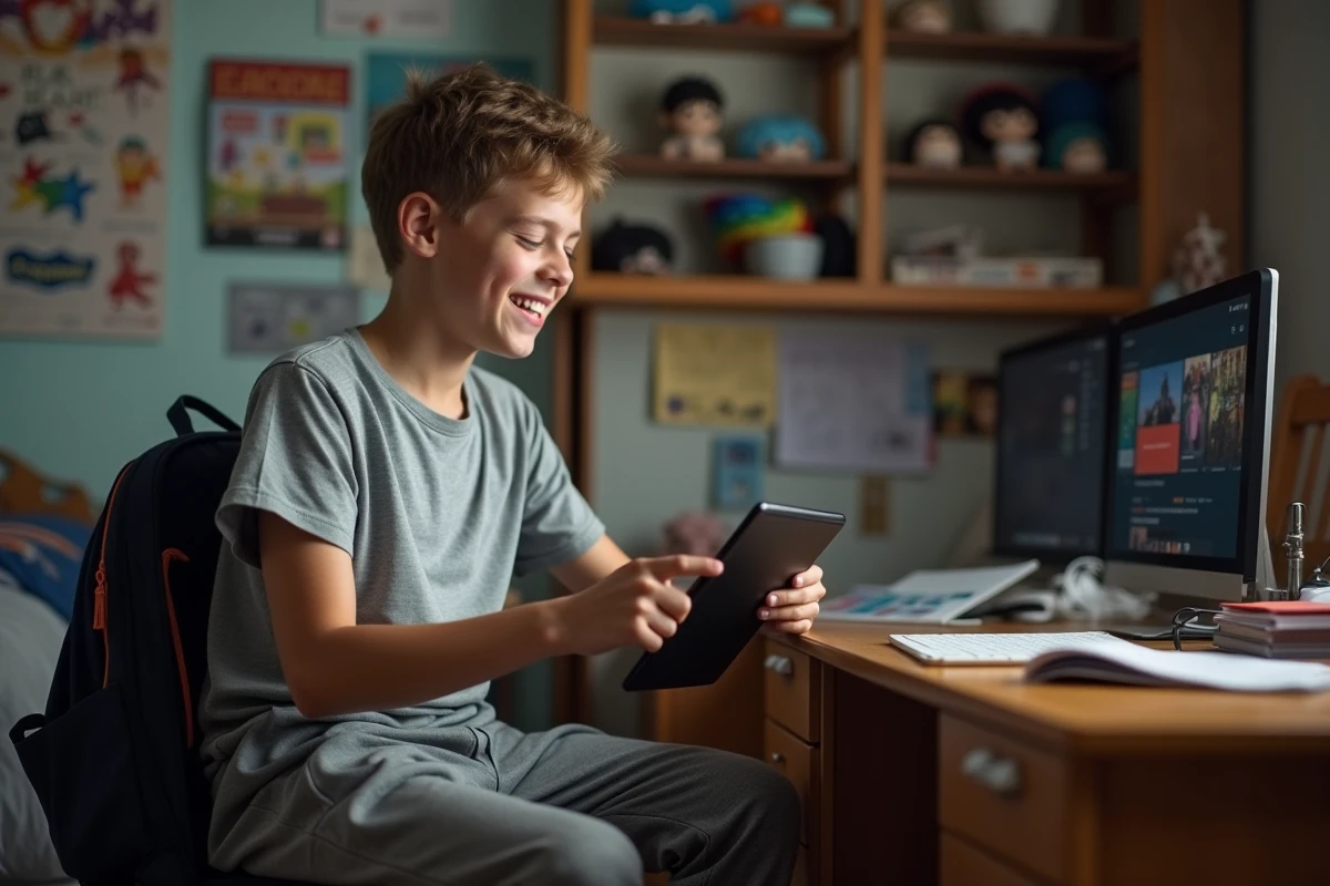 Adolescent regardant une série sur une tablette dans sa chambre