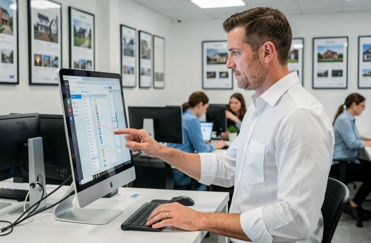 Agent immobilier masculin consultant le plan du site d'une agence sur un écran dans un bureau professionnel