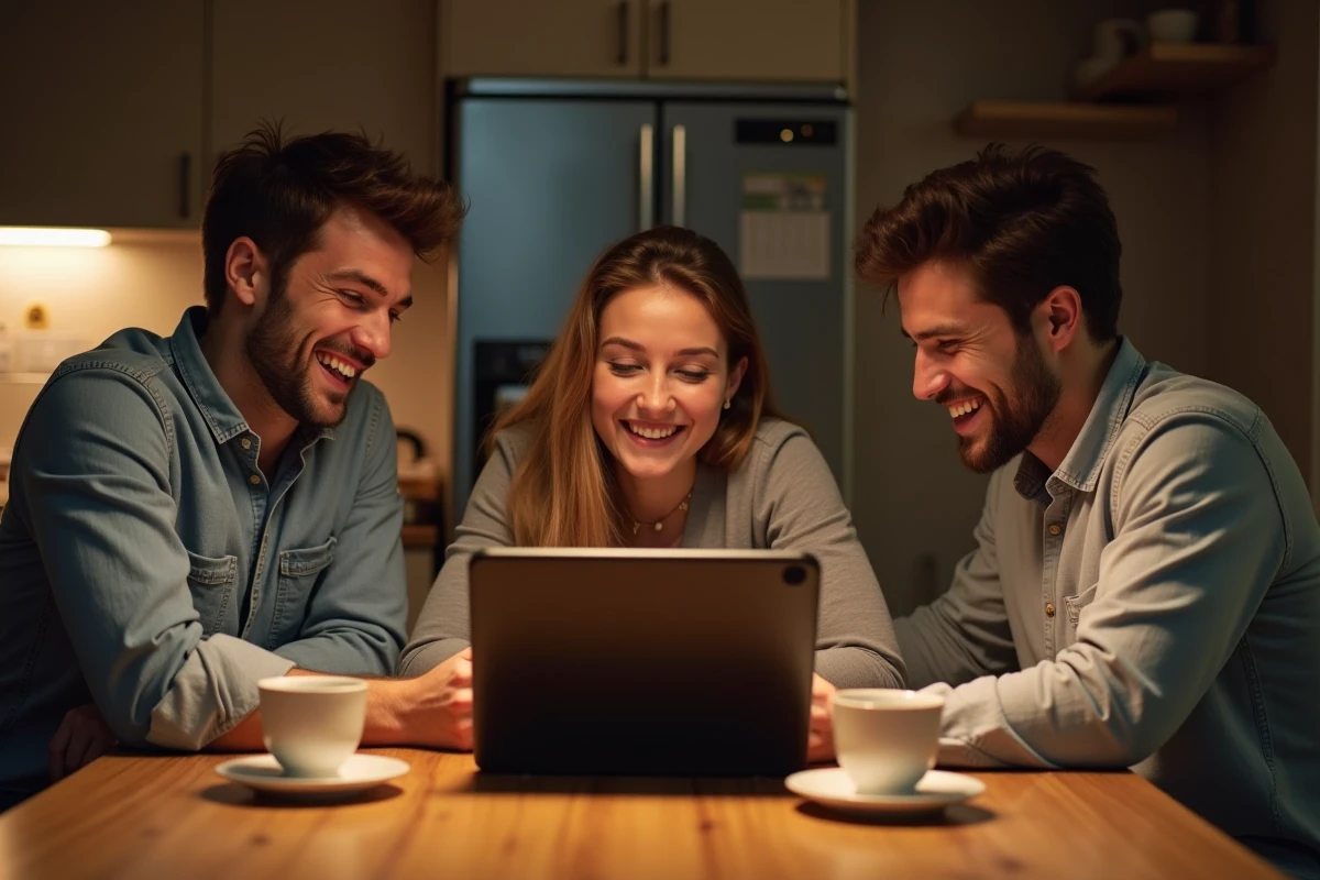 Trois amis riant ensemble en regardant une tablette dans la cuisine