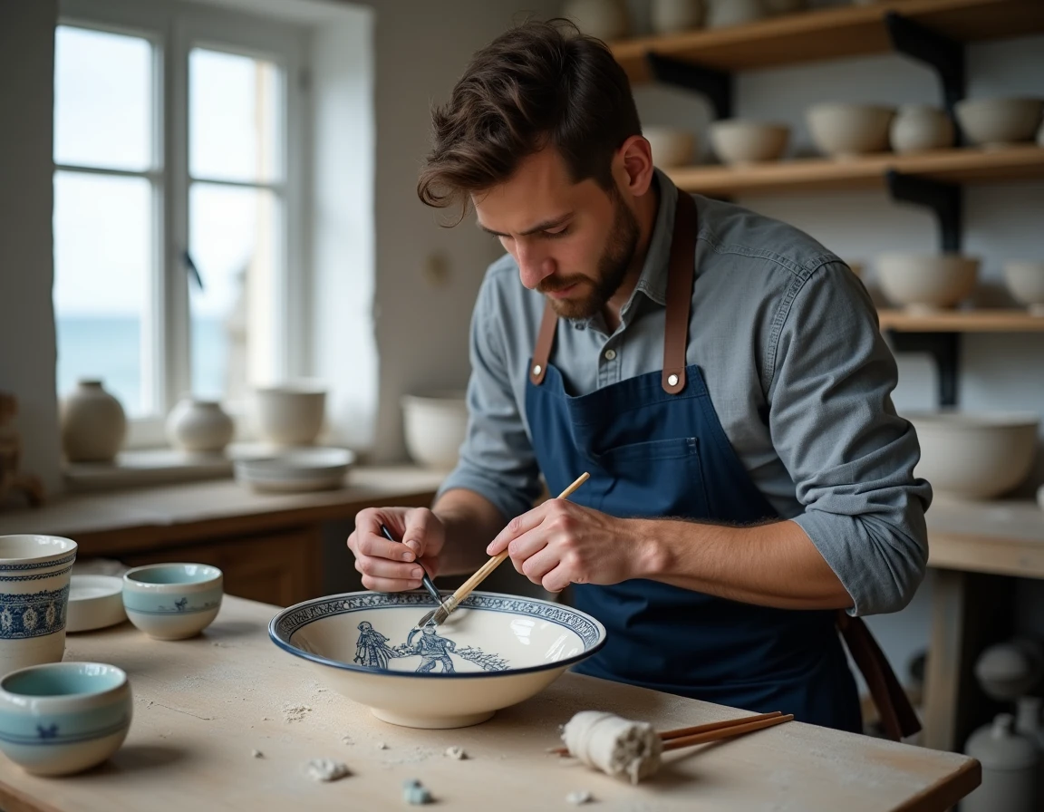 Artisan breton peignant à la main un bol en faïence de Quimper avec des motifs traditionnels dans un atelier côtier du Finistère
