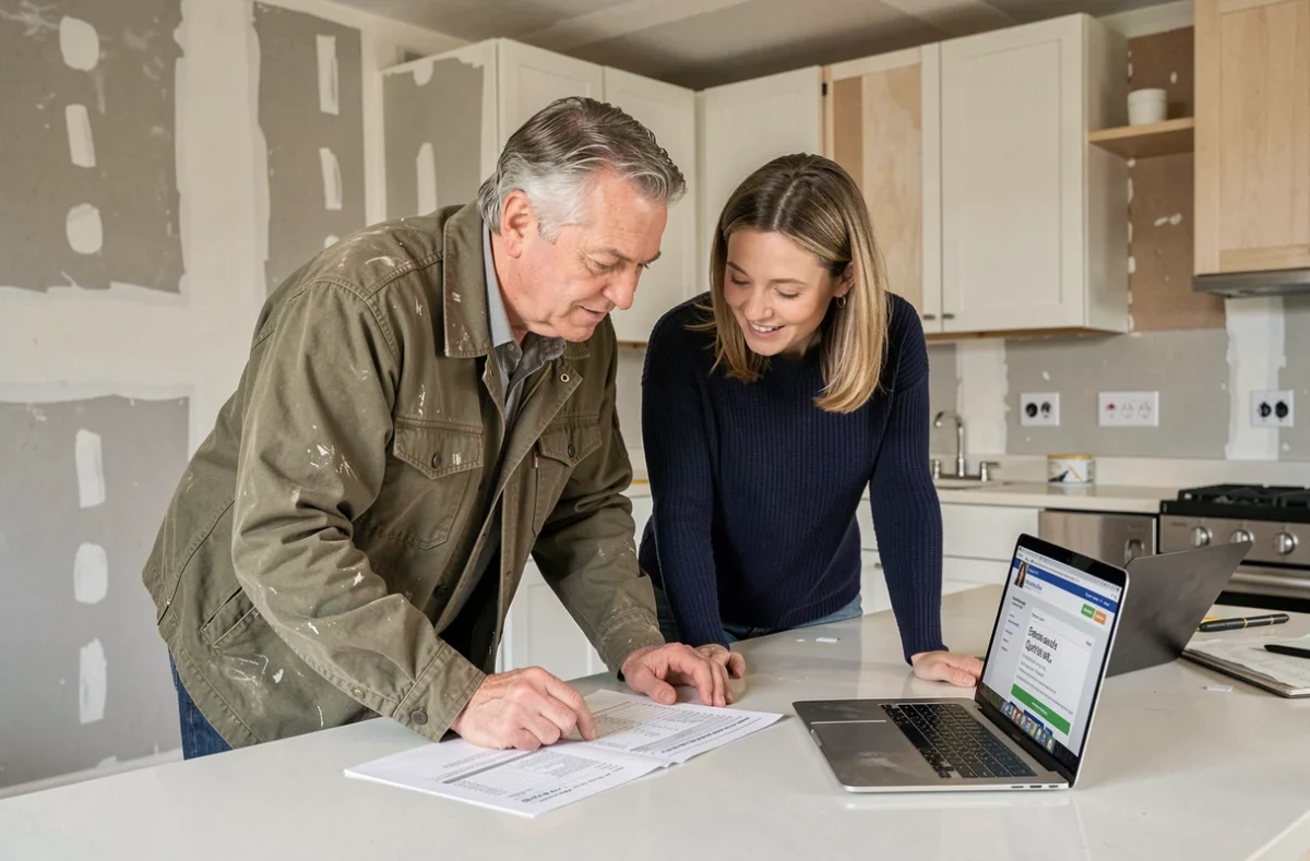 Artisan et propriétaire examinant ensemble un devis de rénovation de cuisine avec comparatif en ligne sur ordinateur