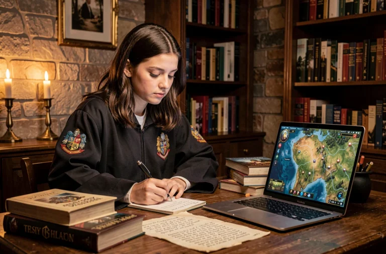Jeune femme en robe de Poudlard prenant des notes devant un écran de jeu Hogwarts Legacy, entourée de livres et parchemins