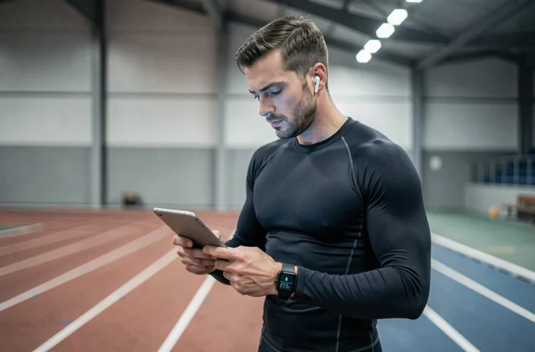 Athlète masculin analysant des données sportives connectées sur une tablette dans un stade intérieur moderne, symbolisant l'innovation dans le sport connecté