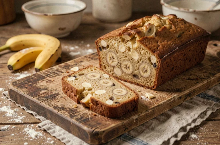 Cake à la banane et chocolat blanc maison tranché sur une planche en bois rustique avec des bananes fraîches en arrière-plan