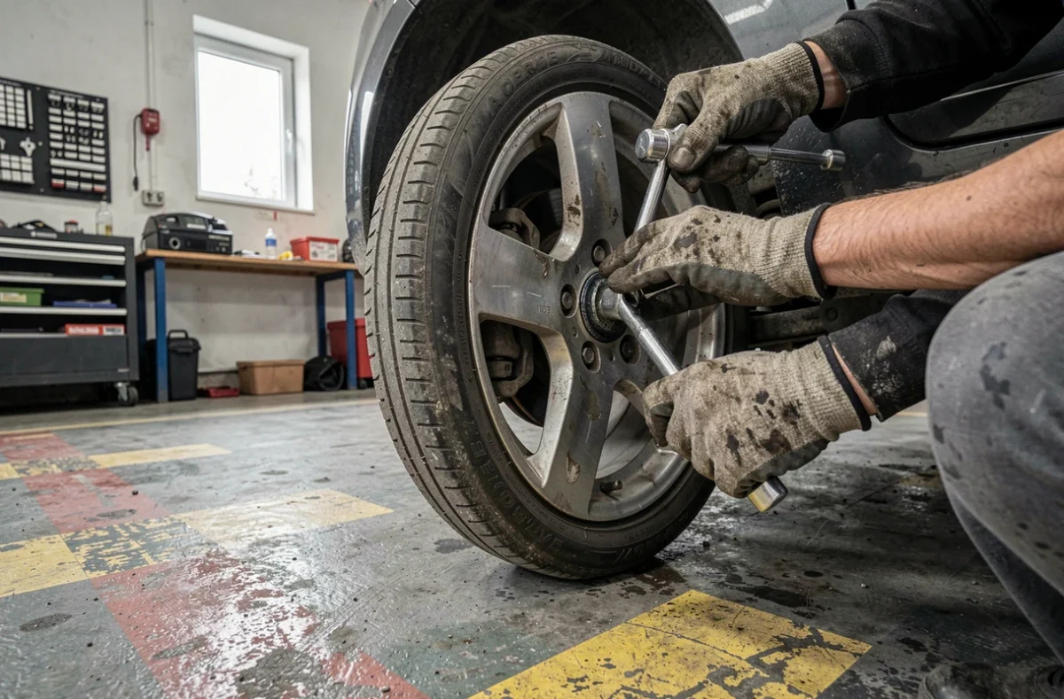 Technicien changeant un pneu sur une voiture dans un garage de service automobile en Normandie