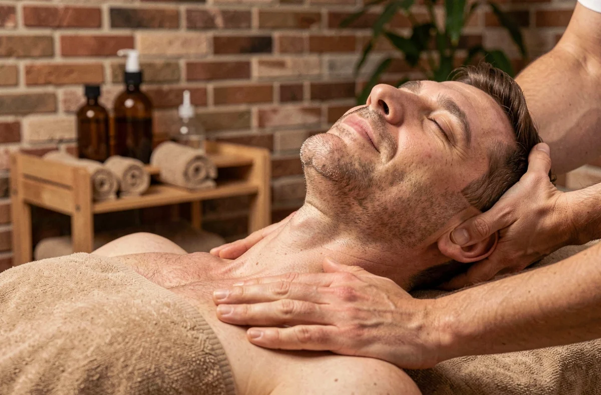 Client détendu recevant un massage des épaules et du cou dans un studio de massage à l'atmosphère chaleureuse