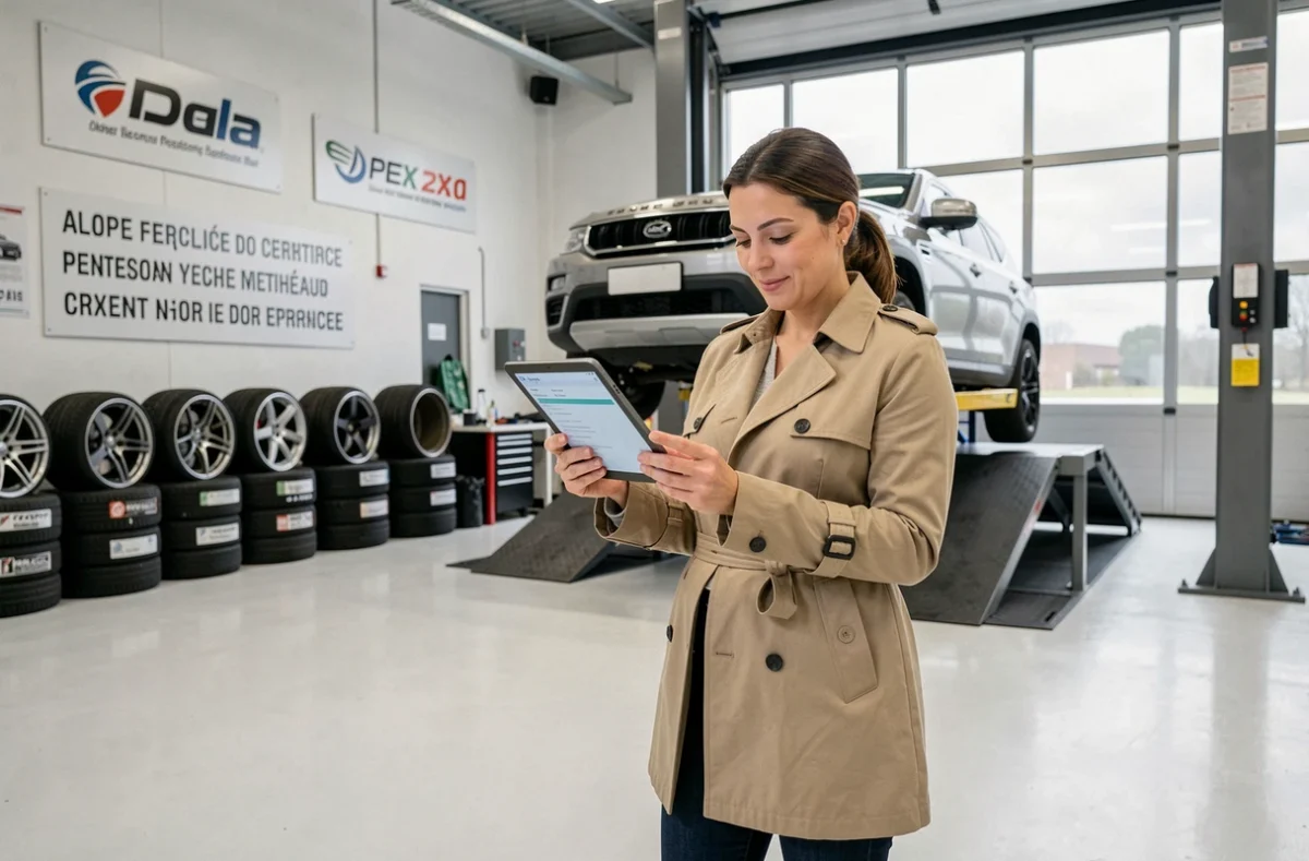 Cliente consultant un rapport de diagnostic dans un centre de préparation automobile en Normandie