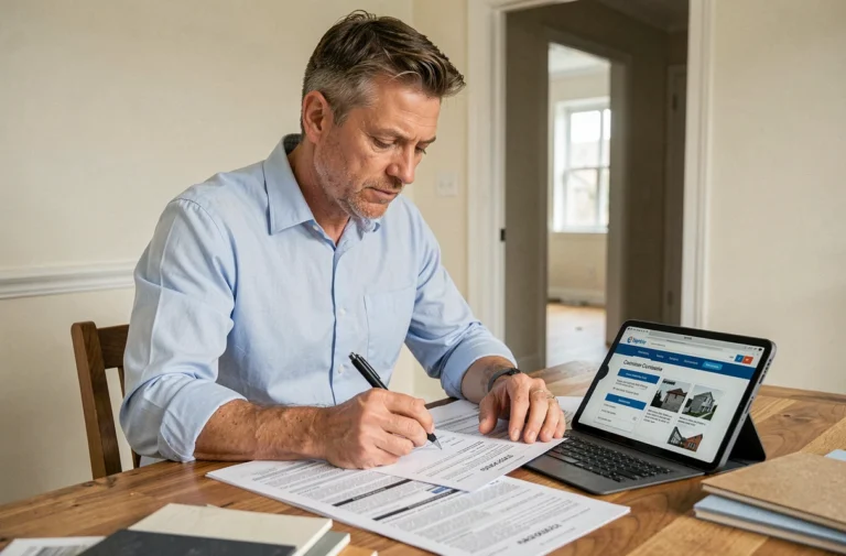 Homme comparant des devis de travaux sur tablette et documents papier à table dans une maison en rénovation