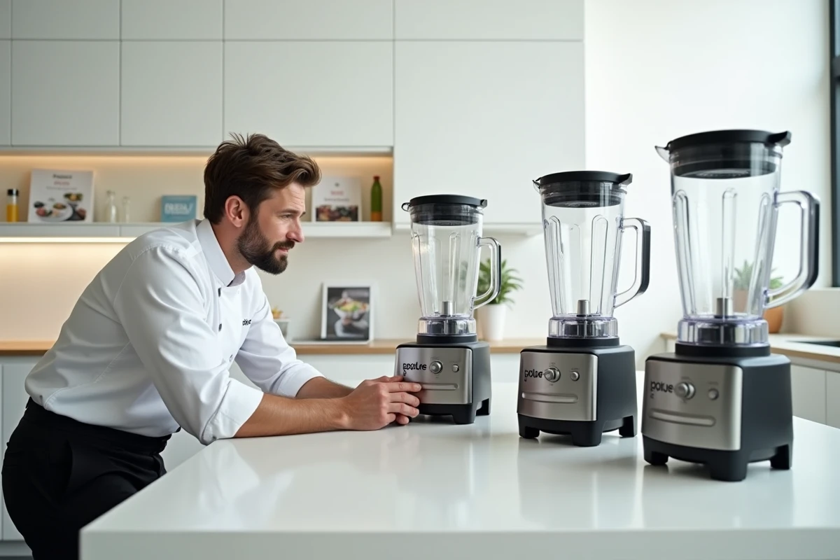 Comparaison de plusieurs modèles de mixeurs Top Chef dans un showroom de cuisine minimaliste