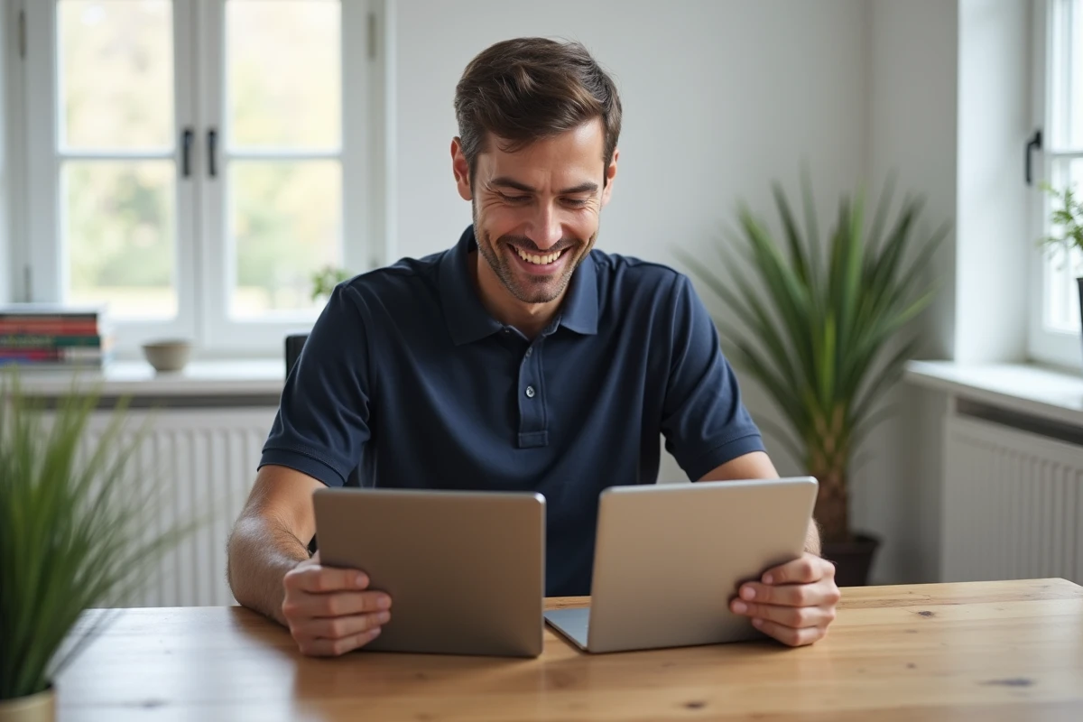 Homme comparant deux tablettes sur un bureau pour choisir la meilleure option pour un photobooth