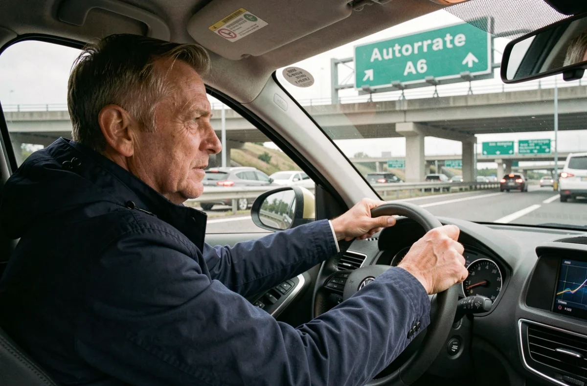 Conducteur sur une autoroute française regardant un panneau de péage A6, vue depuis le siège passager