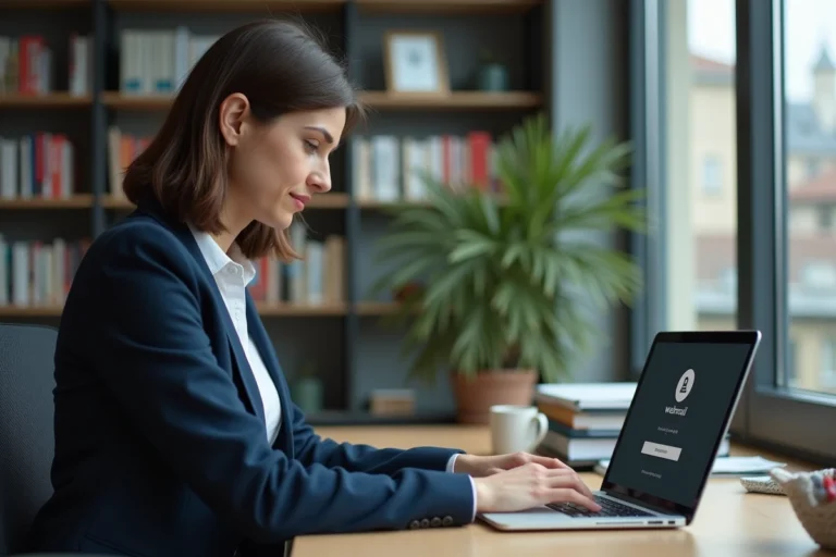 Femme connectée à son webmail sur un ordinateur portable dans un bureau universitaire de Grenoble