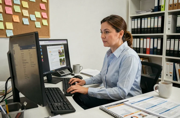 Coordinatrice PIAL gérant sa messagerie professionnelle sur un poste informatique dans un bureau administratif à Nancy-Metz