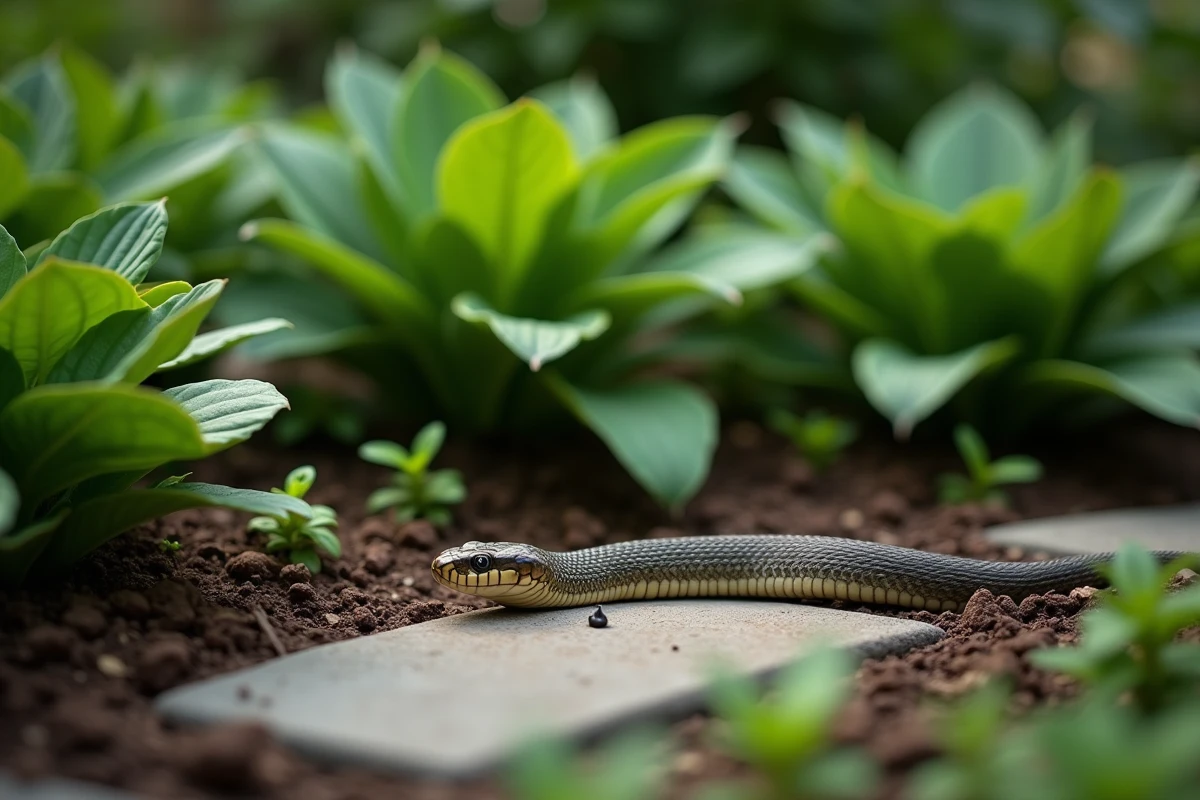 Couleuvre à collier dans un massif de jardin avec une crotte visible sur une pierre plate au premier plan, cadre naturel et réaliste