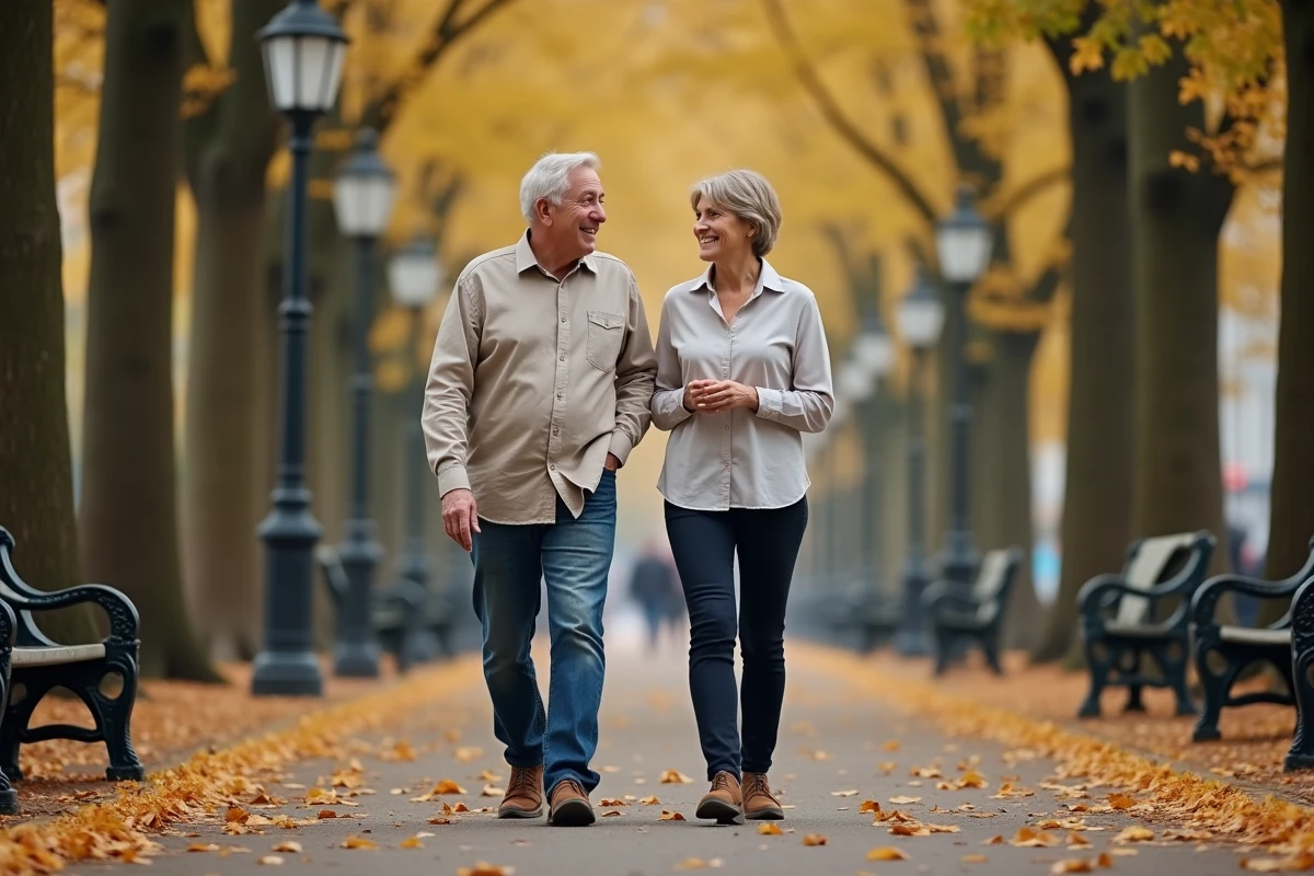 Couple se promenant sur un boulevard parisien bordé d'arbres en automne dans une atmosphère intime et naturelle