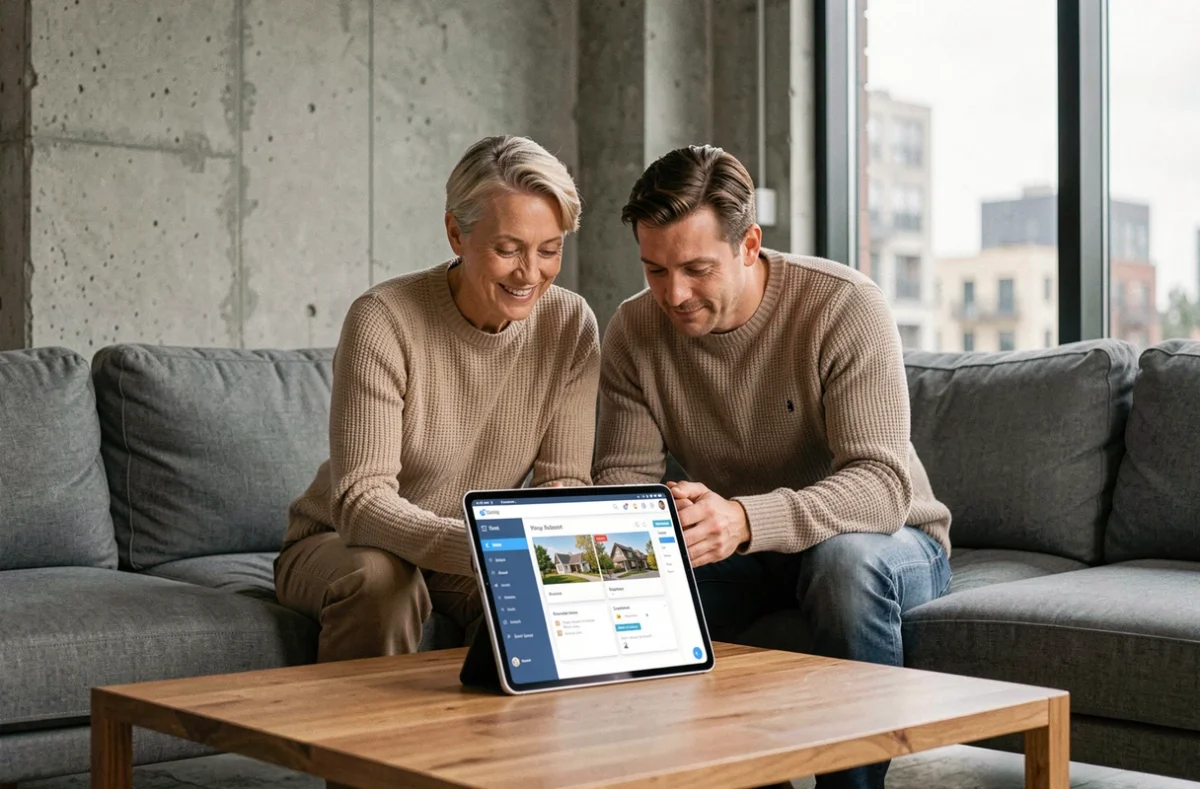 Couple recherchant des biens immobiliers sur une tablette en consultant le plan du site d'une agence