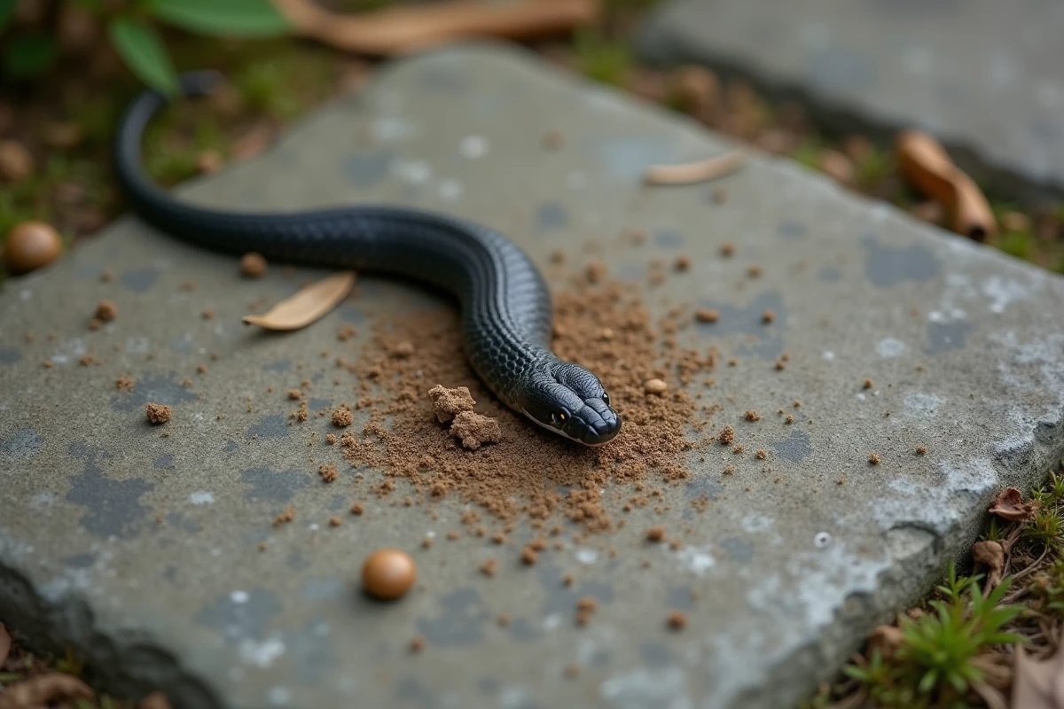 Crotte de couleuvre sur un chemin en pierre de jardin, vue de dessus en macro avec détails de la fiente allongée à extrémité blanche