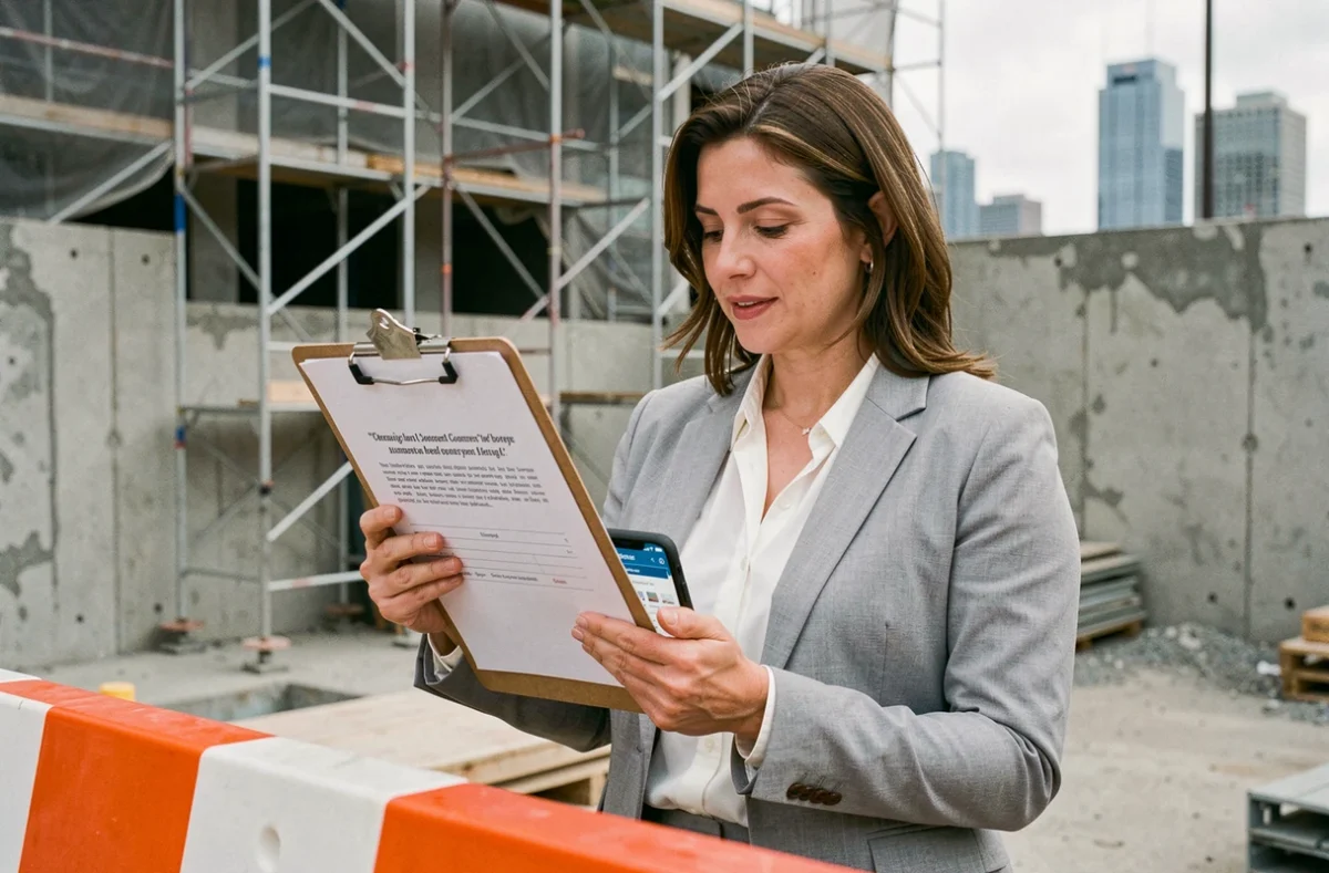 Femme consultant un devis de chantier sur clipboard et smartphone sur un site de construction urbain