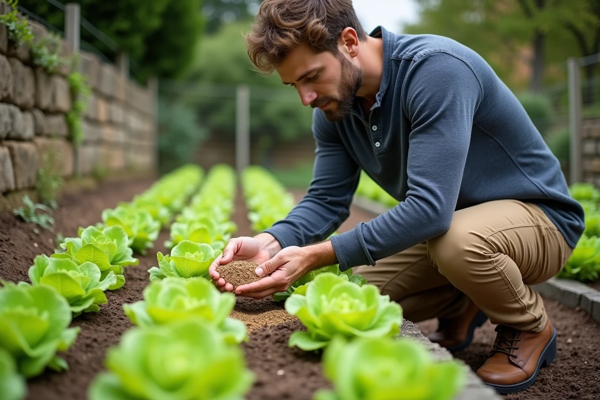 Homme qui épand de l'engrais organique autour des rangs de laitues en croissance dans un potager soigné