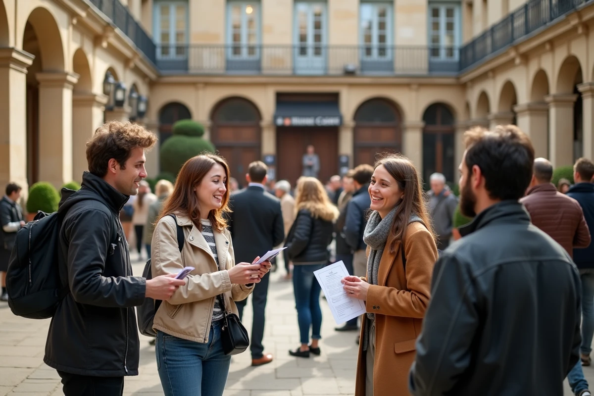 Groupe de personnes assistant à un événement culturel en plein air dans une cour parisienne