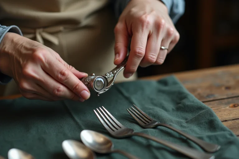 Femme examinant un poinçon sur une fourchette en argent ancienne avec une loupe chez un antiquaire
