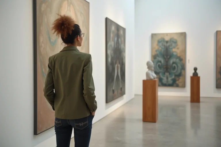 Femme contemplant une peinture abstraite dans une galerie d'art contemporain à Paris