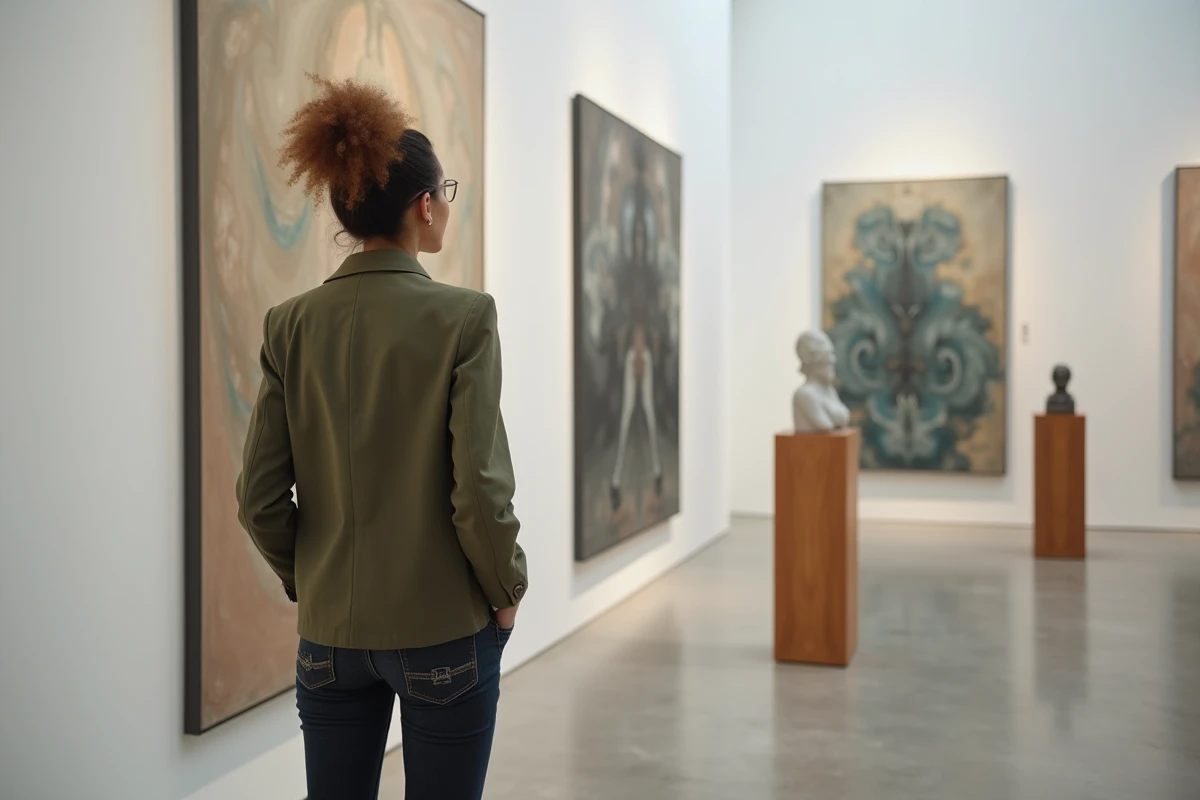 Femme contemplant une peinture abstraite dans une galerie d'art contemporain à Paris