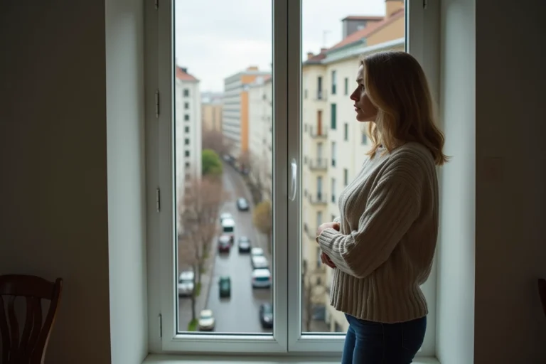 Femme d'âge moyen dans un appartement moderne regardant par la fenêtre