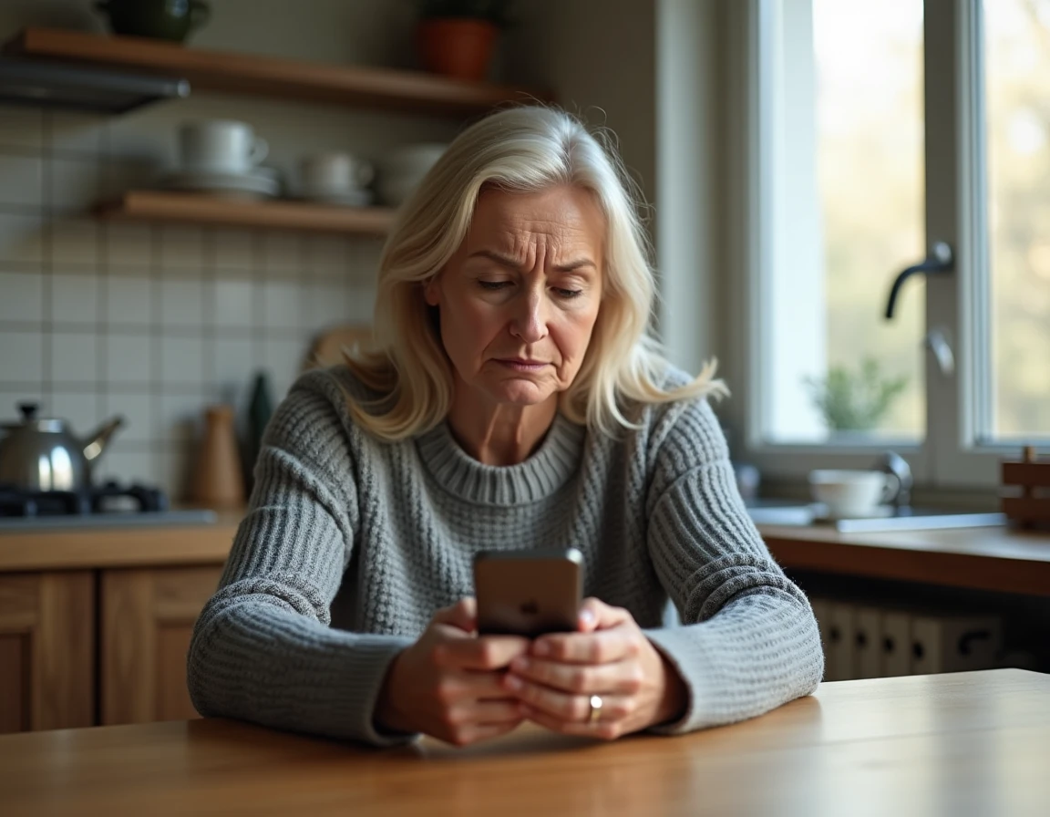 Femme regardant son téléphone avec inquiétude après un appel répété d'un numéro inconnu avec l'indicatif 33
