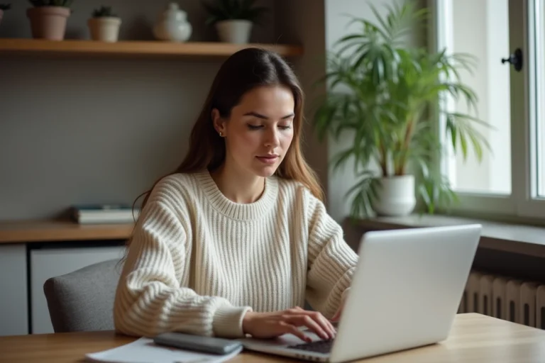 Femme détendue travaillant sur son ordinateur portable à la maison