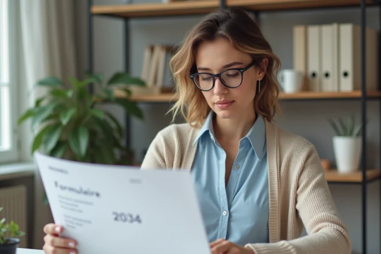 Femme au bureau regardant un formulaire 2044