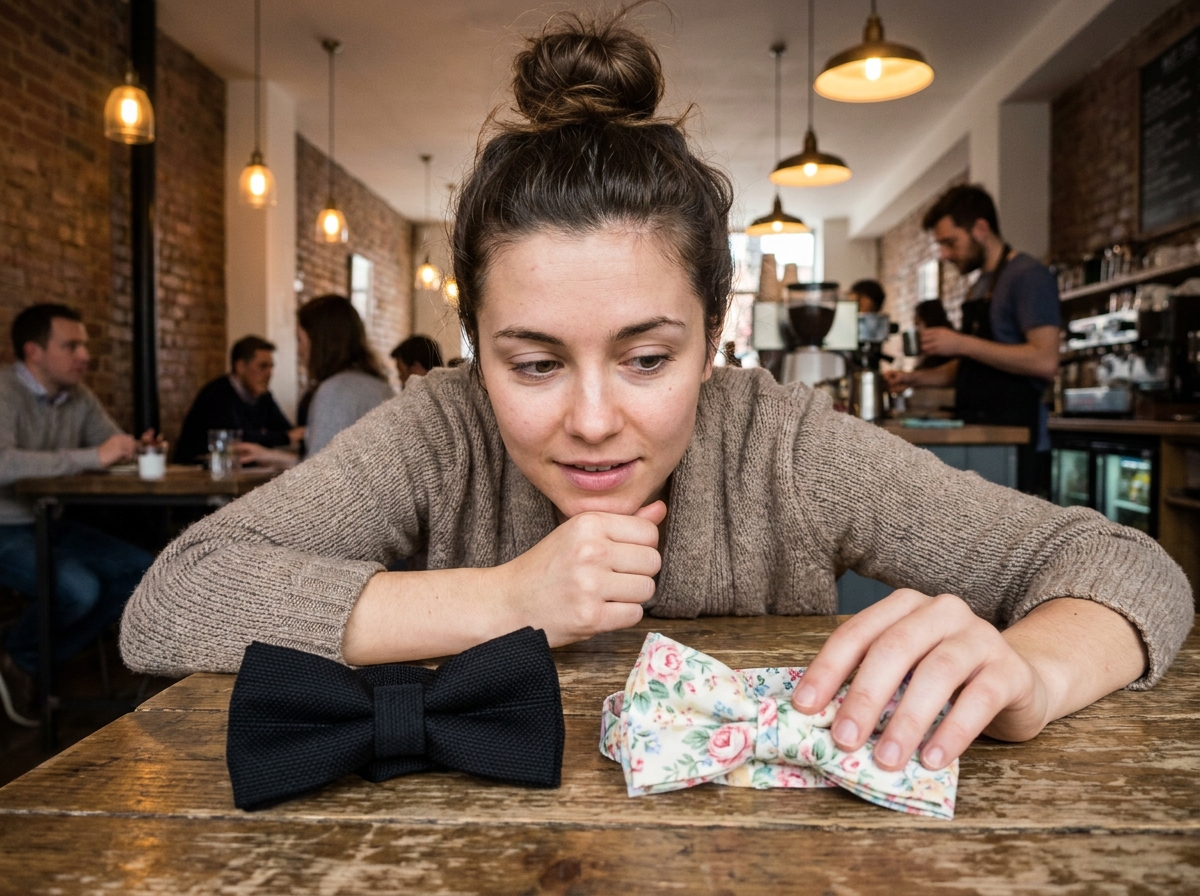 Jeune femme comparant deux noeuds papillon sur une table de café, choisissant entre un modèle noir et un imprimé fleuri pastel