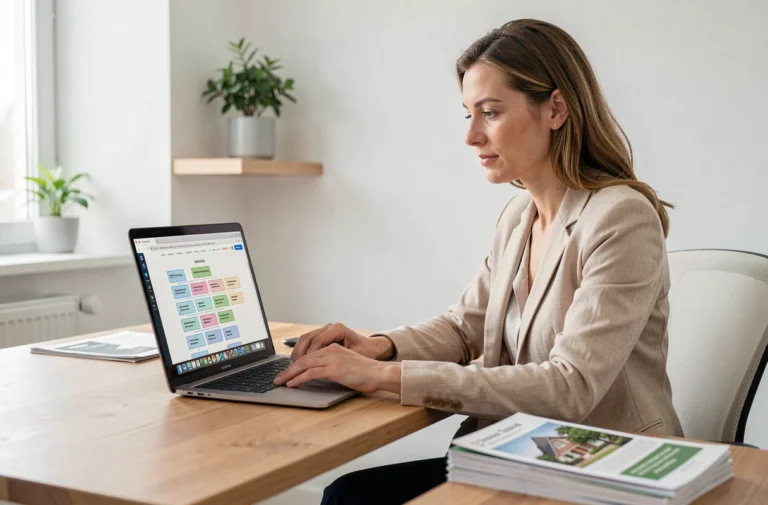 Femme consultant un plan de site immobilier sur un ordinateur portable dans un bureau à domicile organisé
