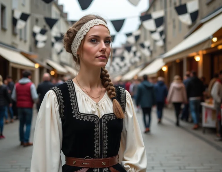 Femme bretonne en costume traditionnel avec coiffe en dentelle lors du festival de Cornouaille à Quimper en 2024