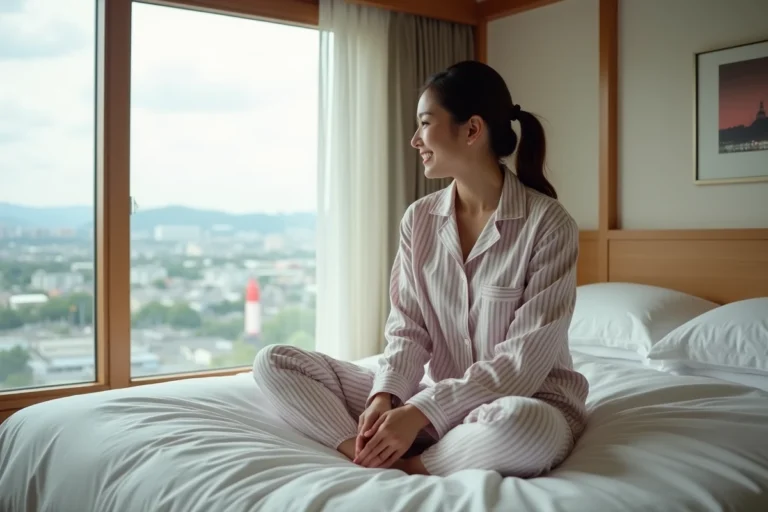Femme japonaise en pyjamas élégants dans un hôtel