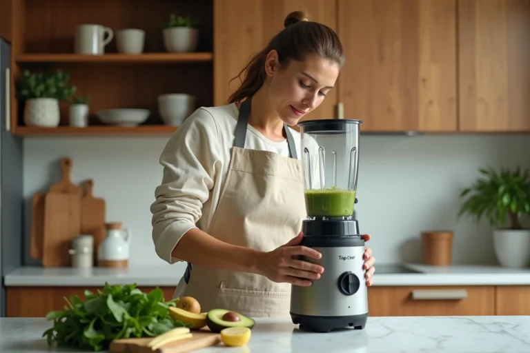 Femme utilisant un mixeur Top Chef pour préparer un smoothie vert dans une cuisine moderne