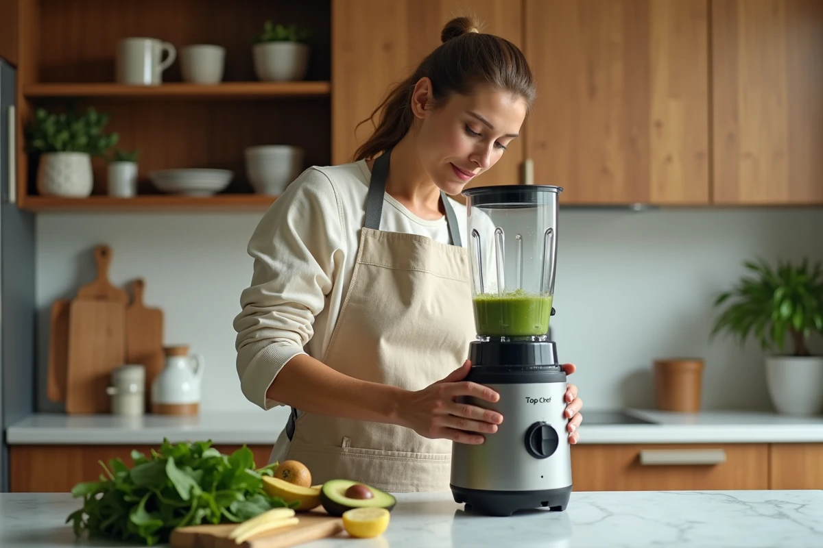 Femme utilisant un mixeur Top Chef pour préparer un smoothie vert dans une cuisine moderne