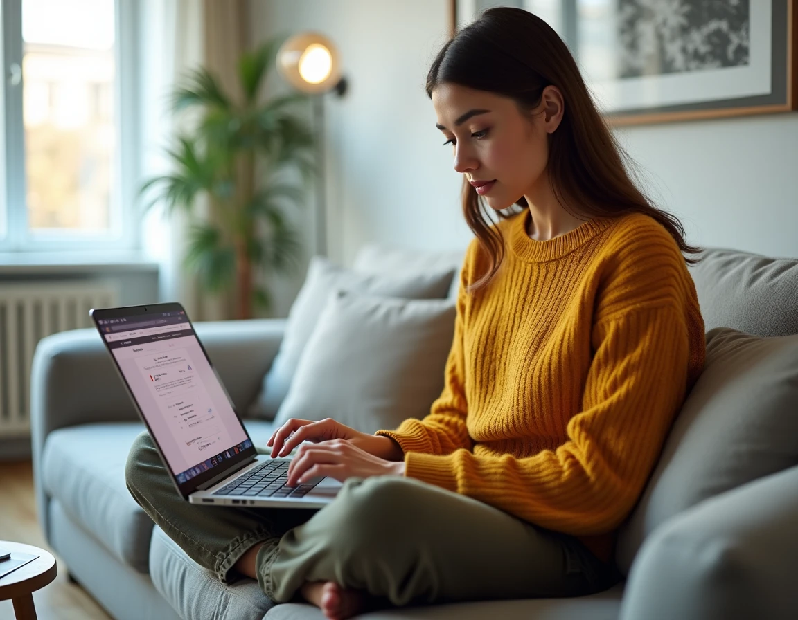 Jeune femme recherchant les coordonnées du service client UPS sur son ordinateur portable depuis son salon