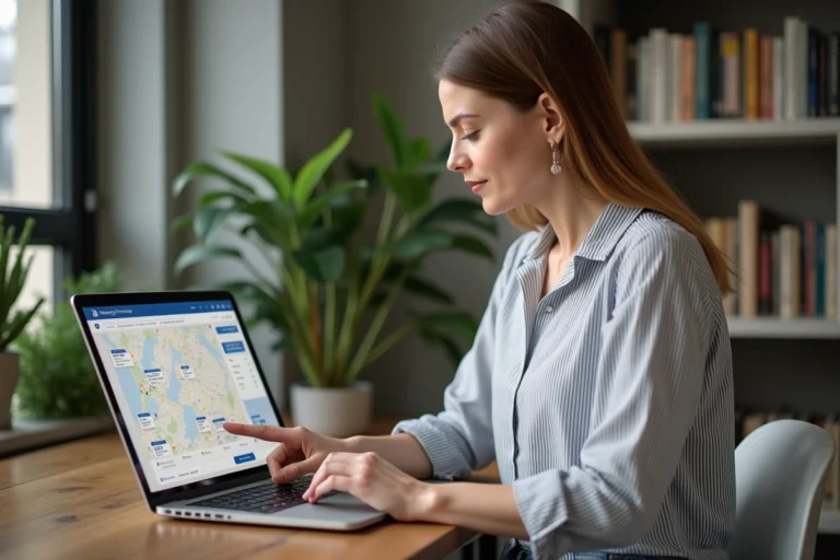 Femme assise à son bureau ajoutant des étapes sur une carte Mappy