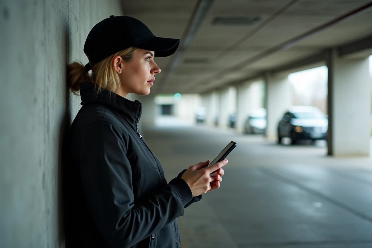 Femme regardant son smartphone dans un parking moderne