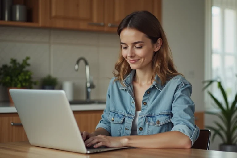 Femme au laptop cherchant des annonces immobilières