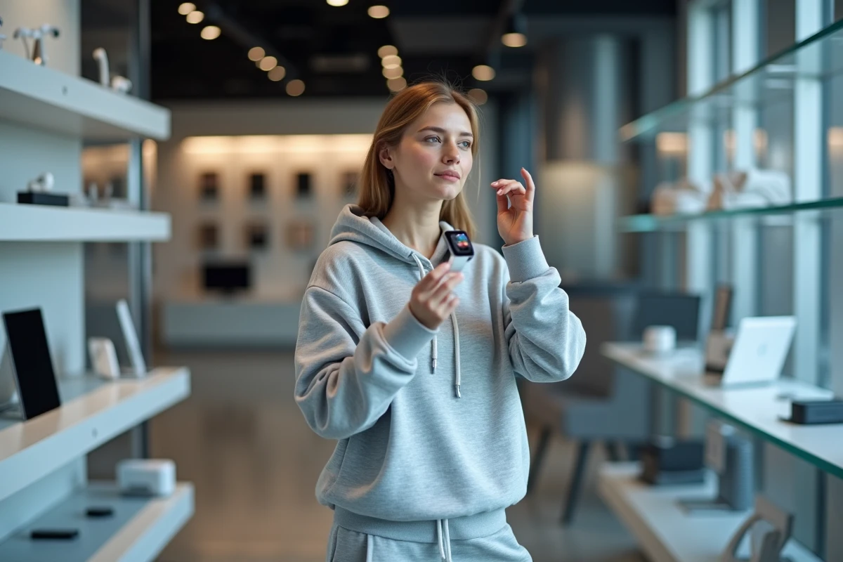 Femme examinant une smartwatch dernier modèle dans un magasin d'électronique high-tech moderne