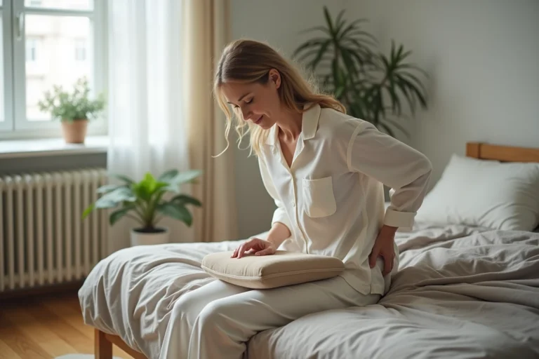 Femme d'âge moyen en pyjama tenant un coussin de soutien dos