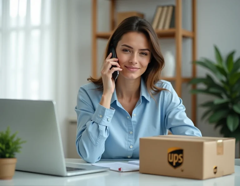 Femme au téléphone avec le service client UPS depuis son bureau à domicile avec un colis brun sur la table
