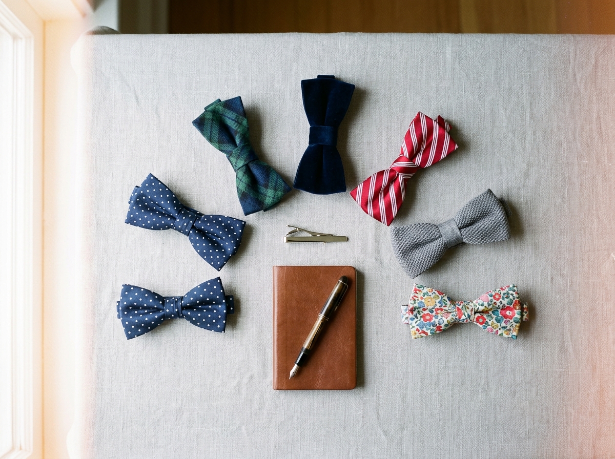 Flat-lay de six noeuds papillon aux textures et motifs variés disposés sur lin gris avec un carnet de style et une pince à cravate