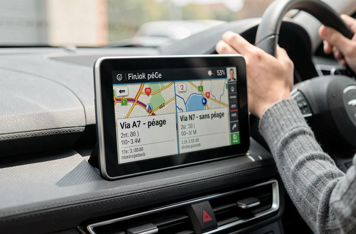 Écran GPS affichant deux itinéraires alternatifs, autoroute payante versus route nationale gratuite en France