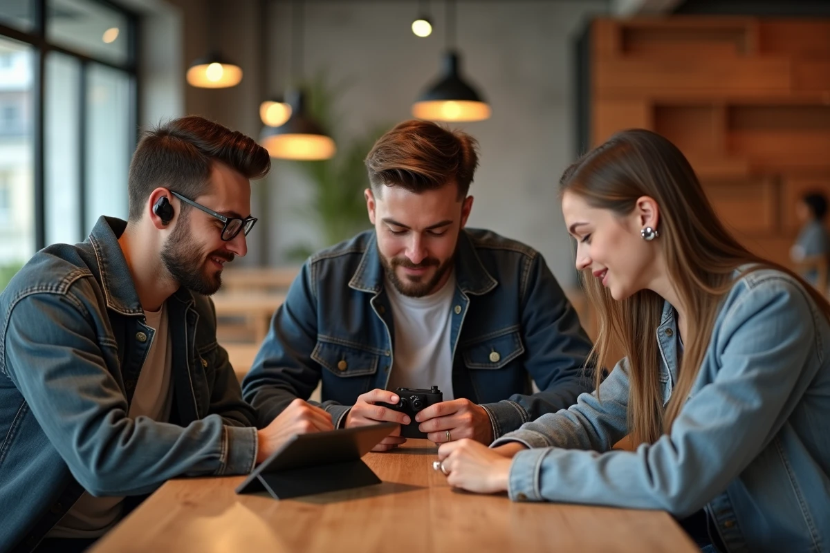 Groupe de jeunes professionnels testant divers gadgets high-tech dans un espace de co-working contemporain