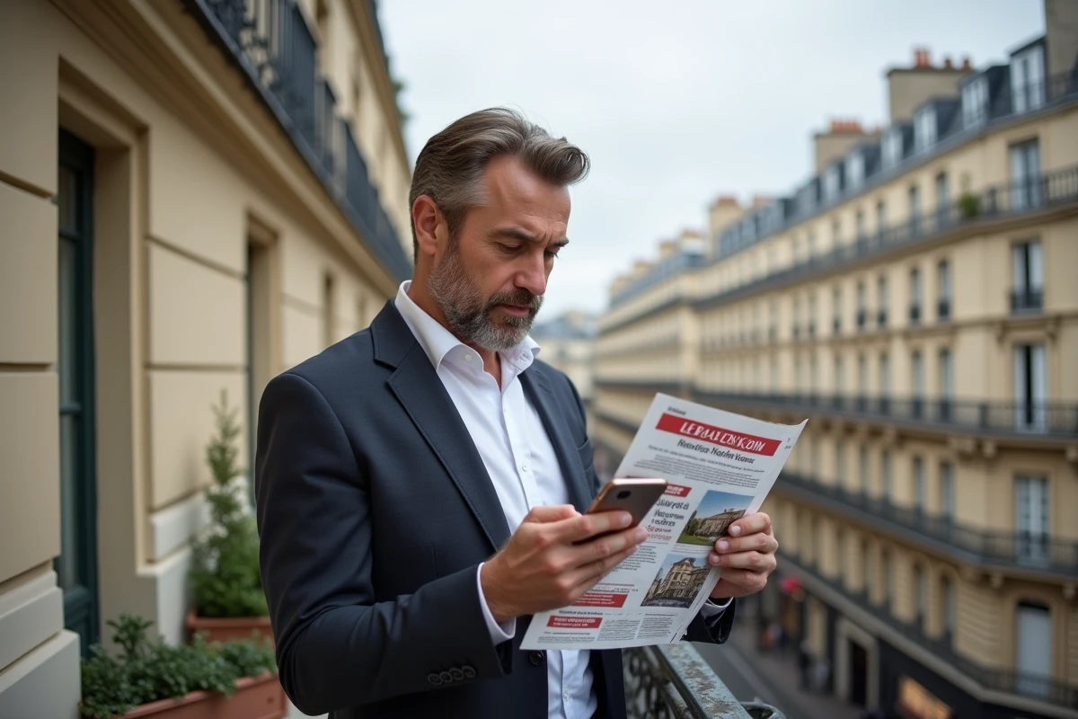 Homme vérifiant annonce immobilière sur smartphone